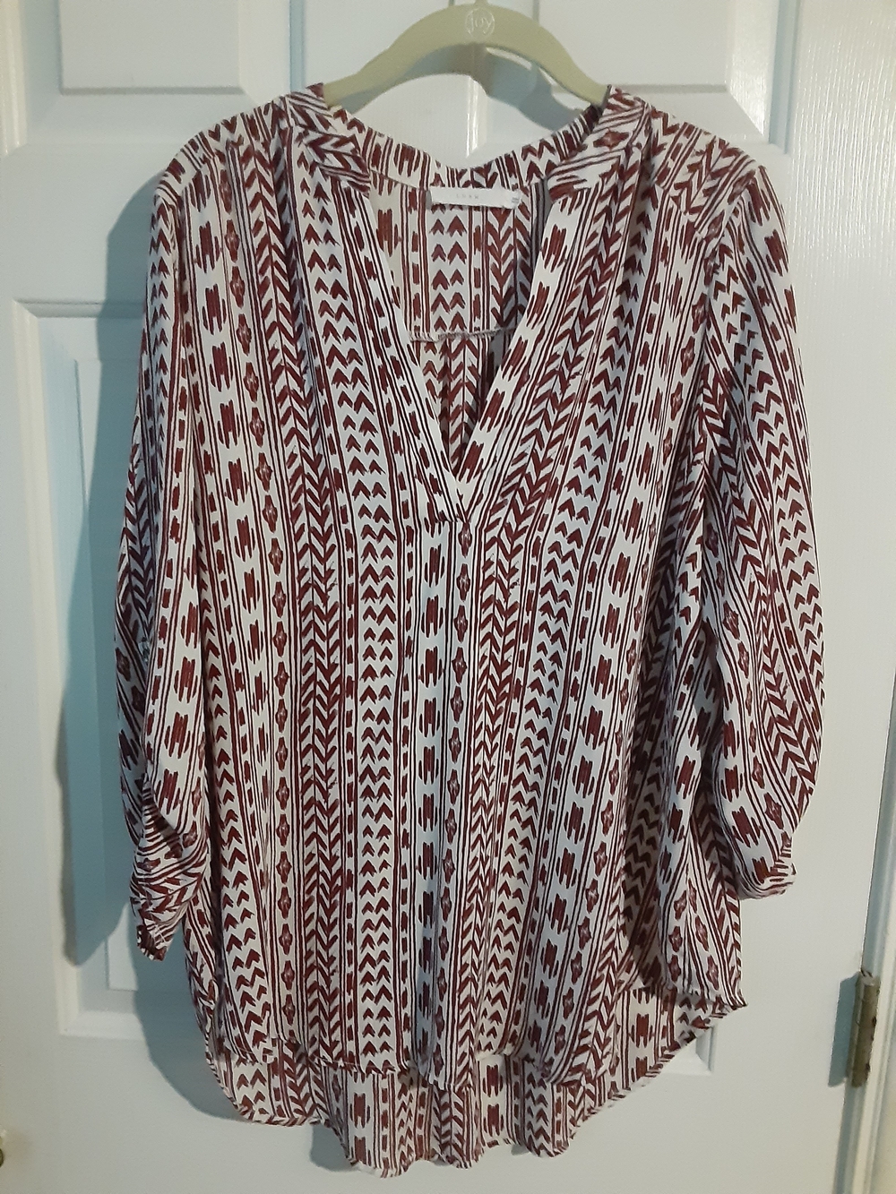 Lush White and Burgundy Geometric Print V-Neck Blouse